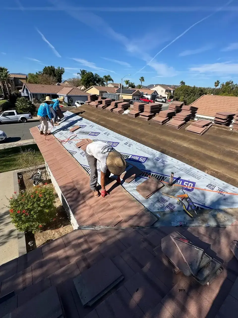 New underlayment and flashings installed during a tile relay in Temecula, CA