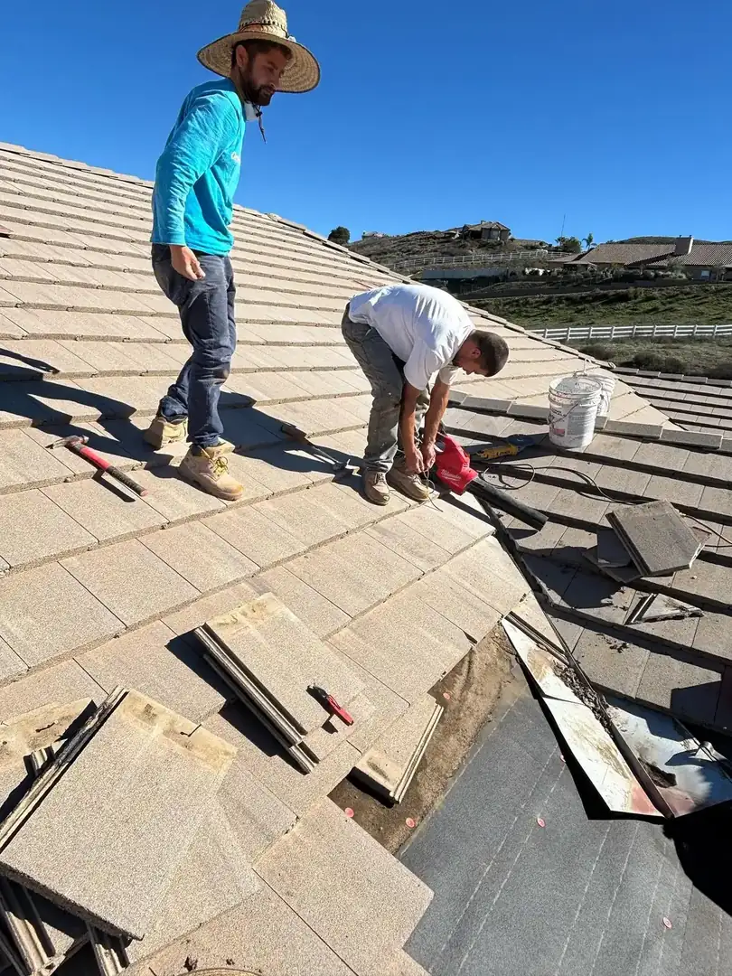 Tile lift and relay project with tiles removed for underlayment replacement in Wildomar, CA